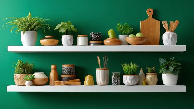 Kitchen Shelf of Treasures: Discover a tastefully curated kitchen shelf, displaying an array of culinary tools and plants, nestled against a backdrop, exuding charm and warmth.