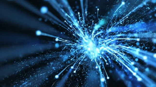 Abstract blue glowing particles exploding outwards in a dark space