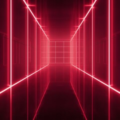 Futuristic neon red corridor with glowing lines and dark atmosphere, creating a sense of depth and technology