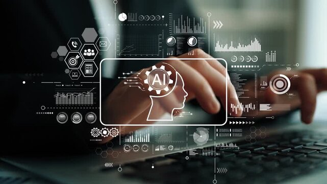 Business Professional Using Laptop with AI Technology and Data Visualization Concepts in Office Environment. Asymptotic smart data analytic.