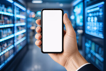 Ecommerce Smart Retail Technology Concept &ndash; Hand Holding Smartphone With Blank Screen in Futuristic Store