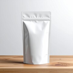 Blank white food pouch on wooden table