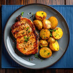 Grilled pork chop with roasted potatoes on a plate