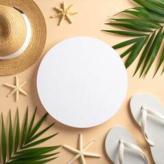 Summery flat lay with straw hat, starfish, palm leaves, and flip-flops surrounding a blank circle