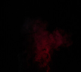 Deep red smoke on black background, dense crimson cloud and dust blooming upward from the darkness, intense abstract atmospheric vapor plume with rich glowing texture

