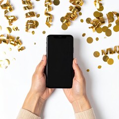 Hands holding a black smartphone, surrounded by gold confetti and streamers on a white background