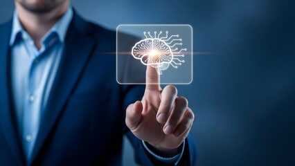 Fototapeta premium Businessman touching a glowing digital artificial intelligence and machine learning icon