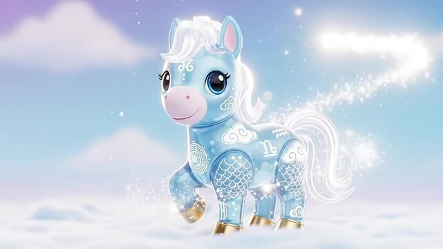 Horse animation fantasy scene showing cute blue zodiac animal floating through clouds with glowing magical patterns soft sky light and dreamy motion for commercial video branding creative storytelling