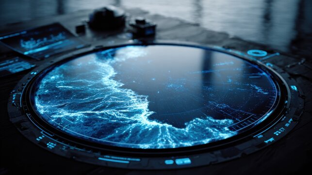Blue Ocean Radar Display with Futuristic Technology and Sea Wave Visualization on a Dark Surface in a Modern Setting - Powered by Adobe