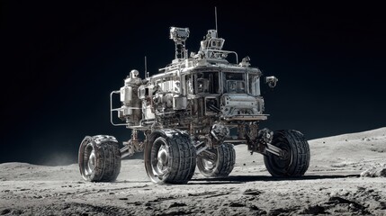 Fototapeta premium Futuristic Lunar Rover Exploring the Surface of an Alien Moon with Detailed Mechanical Features and Rugged Terrain
