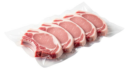 Five Raw Pork Chops Vacuum Sealed on White Packaging meat uncooked isolated on a transparent background