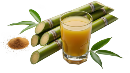 Fresh Sugarcane Juice with Sugarcane Stalks and Brown Sugar on Black Background isolated on a transparent background