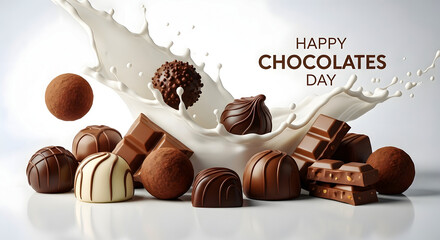 Chocolates and milk splashing together on white background for world chocolate day
