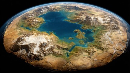 Fototapeta premium Stunning Aerial View of a Dynamic Planet Landscape Featuring Water Bodies, Mountains, and Diverse Terrain under Blue Sky