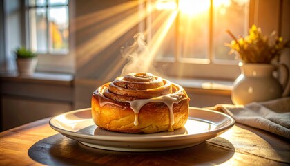 Golden cinnamon roll steaming on a plate by morning sunlight