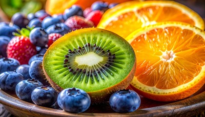 Assorted fresh fruits in a wooden bowl.