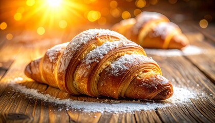 Golden croissant dusted with powdered sugar on wooden table