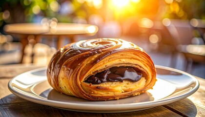 Chocolatefilled croissant on a white plate with golden sunlight