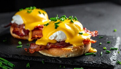 Eggs Benedict with bacon on toasted English muffins.
