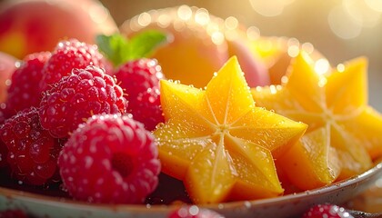 Fresh raspberries and starfruit slices on a plate