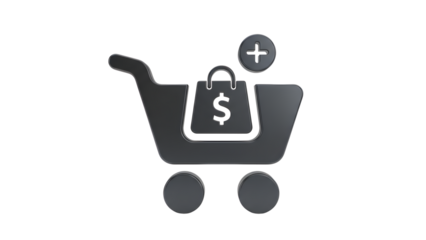 E-commerce shopping cart with dollar bag and plus sign