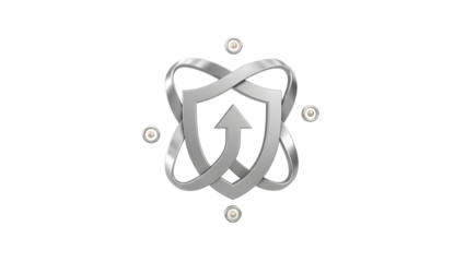 Modern silver shield logo with arrow and sleek design elements