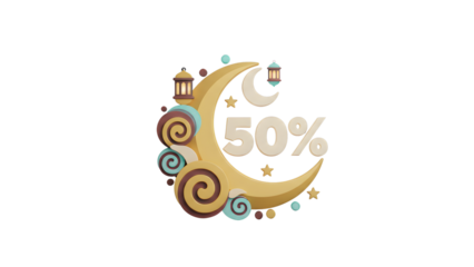 Vibrant crescent moon with 50 percent discount offer and lanterns
