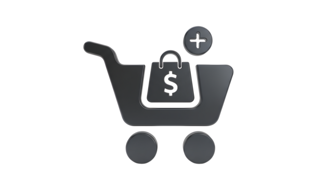E-commerce shopping cart with dollar bag and plus sign - Powered by Adobe