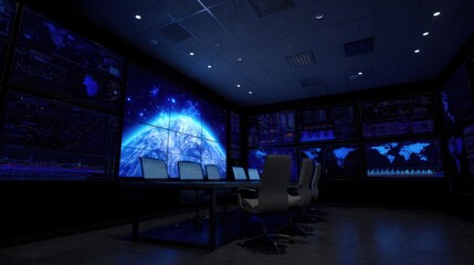 Futuristic control room with large screens displaying global data in a dark environment for tech and science projects
