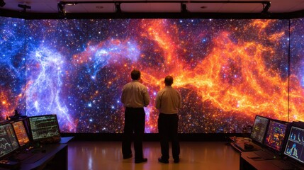 Scientists Observing Cosmic Phenomenon on Large Screen in Modern Research Facility with Colorful Nebula Display