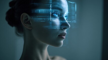 Futuristic Woman with Digital Technology Overlay Reflecting Innovation and Advanced Artificial Intelligence Concepts
