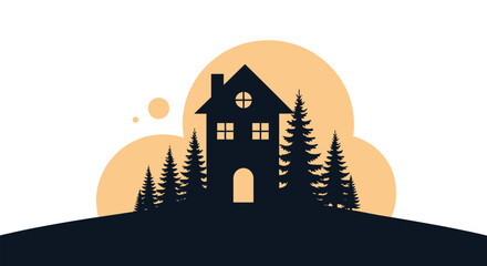 Silhouette of a two story house surrounded by tall pine trees on a hill against a large orange setting sun and stylized clouds at dusk.