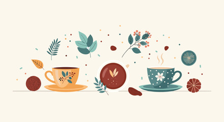 Horizontal banner design with coffee cups and saucers decorated with autumn leaves and floral patterns surrounded by seasonal elements.
