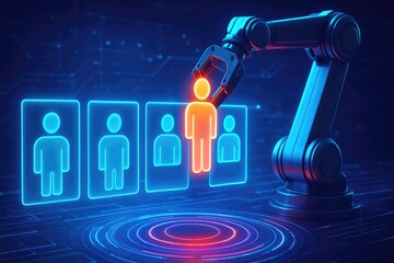 Robotic arm highlights a glowing orange human icon in a line of blue human icons on a futuristic digital platform