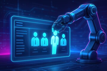 Robotic arm selecting a person icon from a digital interface with glowing neon lines artificial intelligence