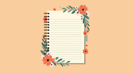 Decorative spiral notebook page with lined paper surrounded by beautiful orange and pink floral elements on a warm beige backdrop.