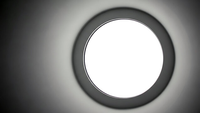 A round window with a circular frame in a gray wall, viewed from inside, with a subtle gradient effect.