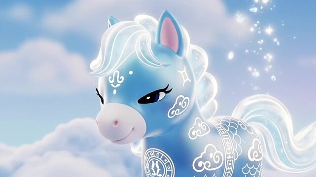 Horse animation fantasy scene showing cute blue zodiac animal floating through clouds with glowing magical patterns soft sky light and dreamy motion for commercial video branding creative storytelling