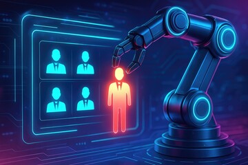 Robotic Arm Selects Glowing Humanoid Icon from Digital Display of Silhouettes robot arm artificial intelligence