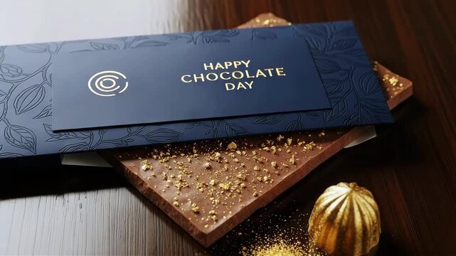 Chocolate bar with gold leaf and happy chocolate day card on wooden table