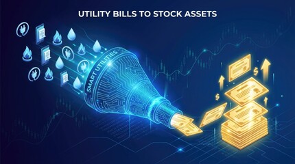 Utility Bills to Stock Assets Transformation Concept with Digital Funnel and Graphs process smart utilities