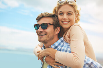 Piggyback, love and date with couple outdoor for romance, bonding and honeymoon vacation. Happiness, support and connection with man and woman in nature for travel, smile and relationship together