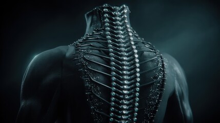 Futuristic Human Form with Intricate Spine Design and Metallic Elements in Dark Atmosphere