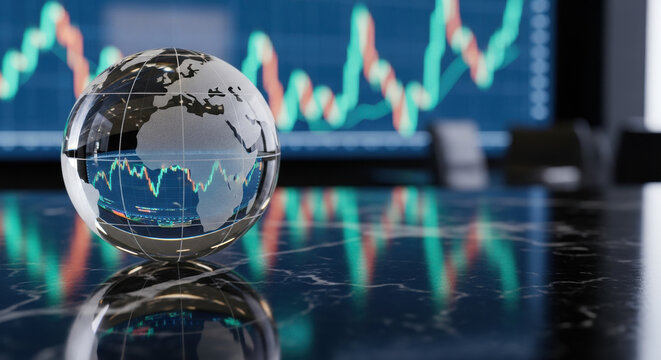 A crystal globe reflecting financial stock market charts rests on a dark marble desk. The background shows a blurred office with stock data on a screen and soft lighting. - Powered by Adobe