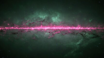 Abstract cosmic landscape with vibrant pink waveform pattern and ethereal green nebula in cosmic space environment