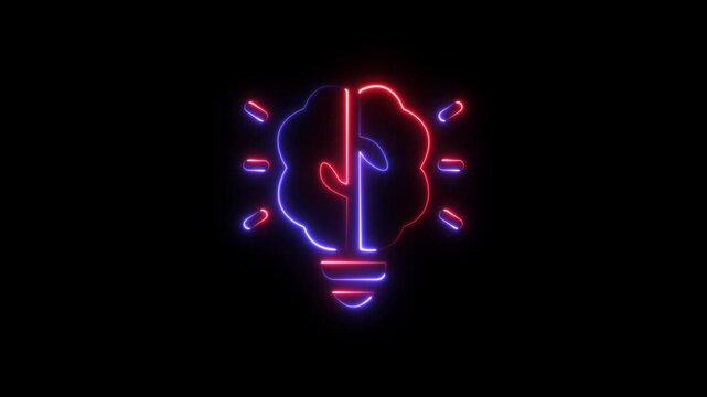 glowing neon light bulb and brain icon on black background. smart thinking idea and inspiration innovation concept. Innovative Light bulb with brain, Teamwork and idea concept. Creative new idea.