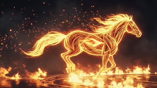 Horse fire energy animation featuring glowing running animal made of flames light motion power speed and strength inspired by chinese zodiac year symbolism for commercial branding cinematic 