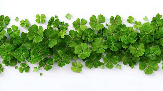 A vibrant display of fresh green clover leaves spread across a white background