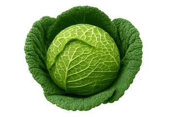 Obraz premium Savoy cabbage head displaying fresh green textured leaves. Healthy organic raw vegetable food, transparent background