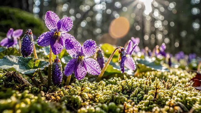 Dew-kissed wild violets blooming in the sunlit forest floor, showcasing nature's delicate beauty after rain.